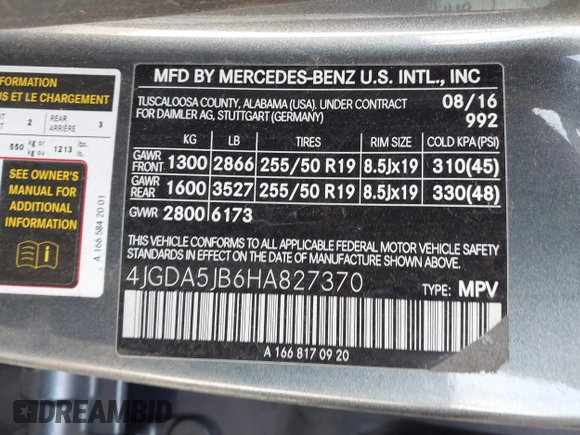 2017 Mercedes-Benz GLE 350 with VIN 4JGDA5JB6HA827370, listed as a IAAI auction lot 41651488 with 103,685 mi miles and . Bid and sale history available at DreamBid. Image 9.