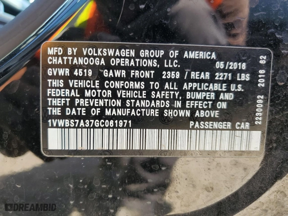 2016 Volkswagen Passat 1.8T SE w/Technology with VIN 1VWBS7A37GC061971, listed as a Copart auction lot 51877865 with 182,867 mi miles and Salvage Title. Bid and sale history available at carsss.com. Image 12.