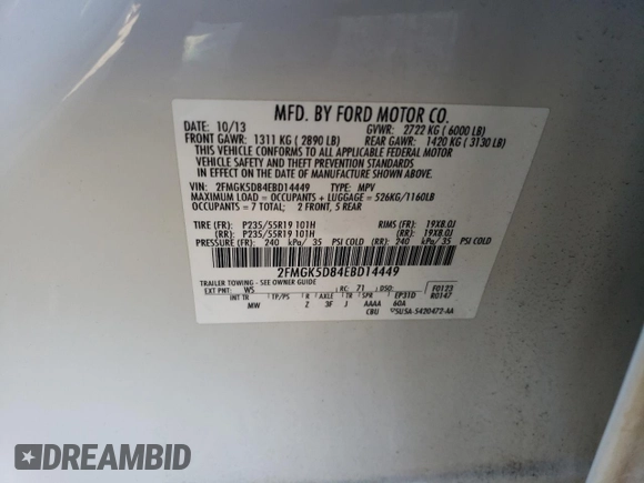 2014 Ford Flex Limited with VIN 2FMGK5D84EBD14449, listed as a Copart auction lot 51857695 with 117,337 mi miles and Salvage Title. Bid and sale history available at carsss.com. Image 13.