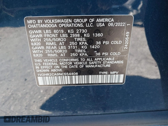 2022 Volkswagen Atlas 3.6L V6 SE w/Technology with VIN 1V2HR2CA9NC554408, listed as a IAAI auction lot 40941820 with 1 mi miles. Bid and sale history available at carsss.com. Image 9.