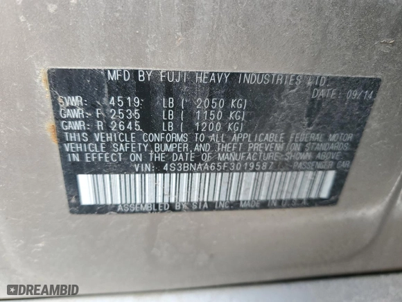 2015 Subaru Legacy 2.5i with VIN 4S3BNAA65F3019587, listed as a Copart auction lot 50967735 with 46,294 mi miles and Salvage Title. Bid and sale history available at carsss.com. Image 12.