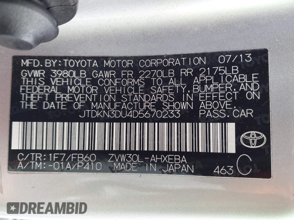 2013 Toyota Prius One with VIN JTDKN3DU4D5670233, listed as a IAAI auction lot 42065164 with 193,103 mi miles and . Bid and sale history available at DreamBid. Image 9.