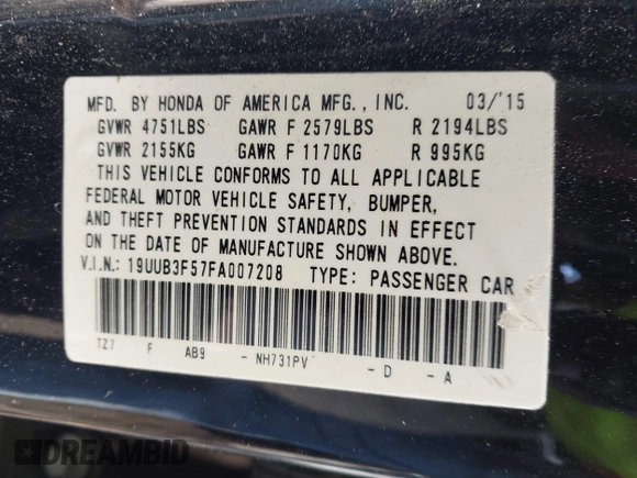 2015 Acura TLX V6 Tech with VIN 19UUB3F57FA007208, listed as a IAAI auction lot 41441646 with 177,464 mi miles. Bid and sale history available at carsss.com. Image 9.