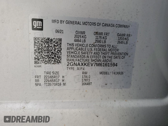 2021 Chevrolet Equinox LT with VIN 2GNAXKEV7M6161594, listed as a Copart auction lot 54564075 with 107,804 mi miles and Salvage Title. Bid and sale history available at DreamBid. Image 13.