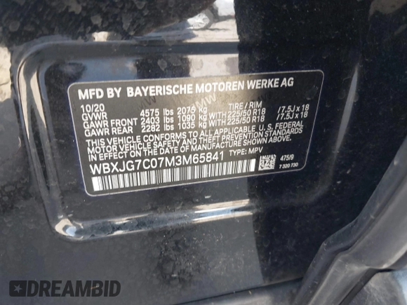 2021 BMW X1 sDrive28i with VIN WBXJG7C07M3M65841, listed as a IAAI auction lot 41877032 with 79,817 mi miles and . Bid and sale history available at DreamBid. Image 9.