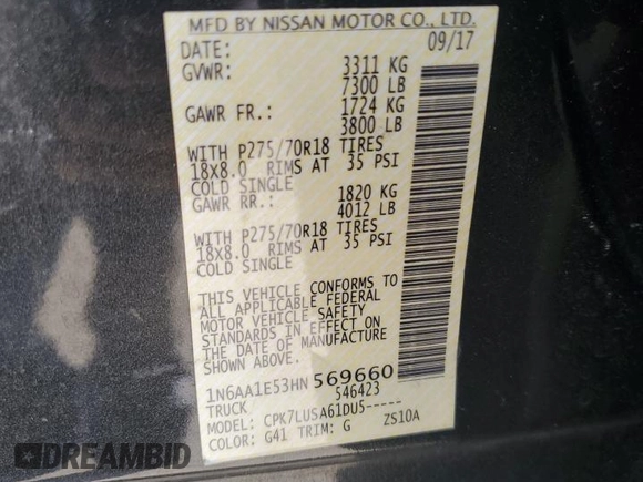 2017 Nissan Titan Platinum Reserve with VIN 1N6AA1E53HN569660, listed as a Copart auction lot 54409625 with 98,858 mi miles and Salvage title. Bid and sale history available at DreamBid. Image 12.