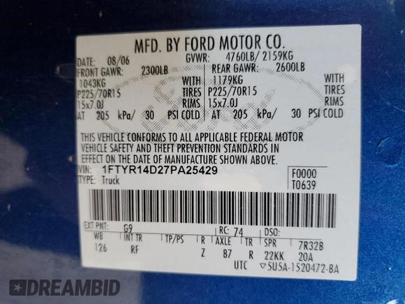 2007 Ford Ranger XL with VIN 1FTYR14D27PA25429, listed as a Copart auction lot 66760055 with 188,056 mi miles and Clean title. Bid and sale history available at DreamBid. Image 12.
