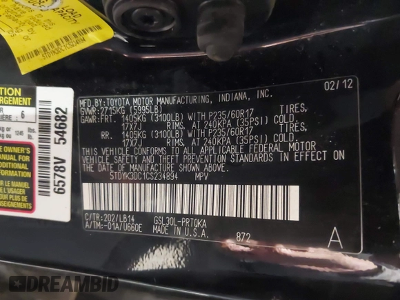 2012 Toyota Sienna XLE AAS with VIN 5TDYK3DC1CS234894, listed as a IAAI auction lot 41201751 with 108,464 mi miles and . Bid and sale history available at DreamBid. Image 9.