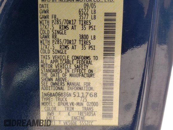 2006 Nissan Titan SE z VIN 1N6BA06B86N511768, wystawiony jako Copart lot #52146585 z przebiegiem 174 058 mil mil oraz Szkoda całkowita • Salvage title. Historia ofert i sprzedaży dostępna na DreamBid. Obrazek 12.