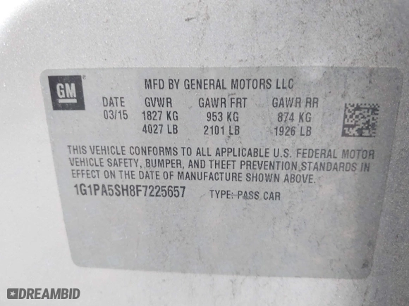 2015 Chevrolet Cruze LS with VIN 1G1PA5SH8F7225657, listed as a IAAI auction lot 41788086 with 118,307 mi miles. Bid and sale history available at carsss.com. Image 9.