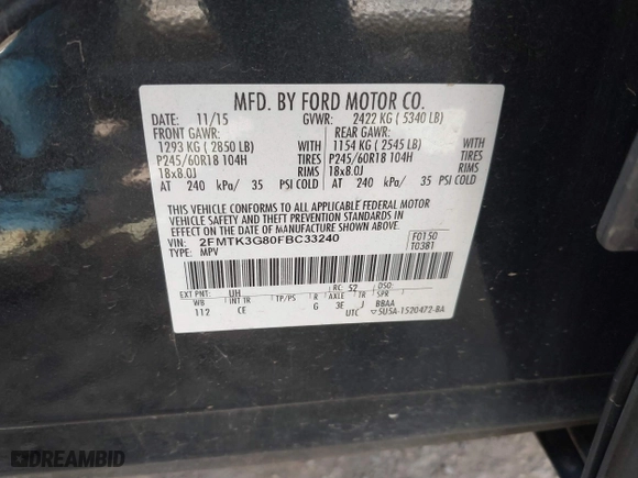 2015 Ford Edge SE with VIN 2FMTK3G80FBC33240, listed as a IAAI auction lot 41799359 with 221,359 mi miles. Bid and sale history available at carsss.com. Image 9.