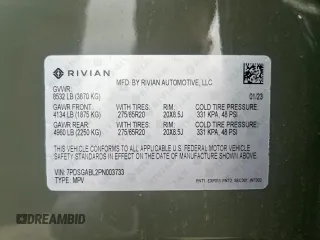2023 Rivian R1S Launch Edition with VIN 7PDSGABL2PN003733, listed as a Copart auction lot 56033315 with 9,996 mi miles and Salvage Title. Bid and sale history available at carsss.com. Image 10.