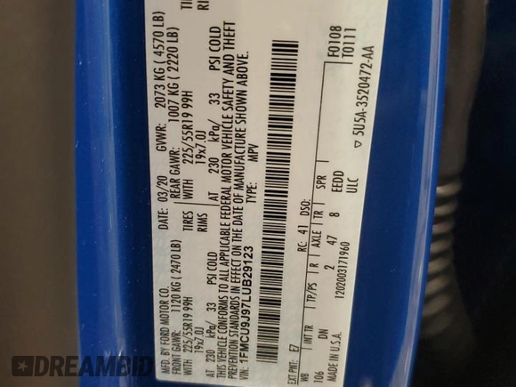 2020 Ford Escape Titanium с VIN 1FMCU9J97LUB29123, выставлен на аукционе Copart как лот 52512255 с пробегом 76 687 миль миль и На запчасти • Non repairable. История ставок и продаж доступна на DreamBid. Изображение 13.