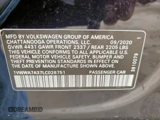 2020 Volkswagen Passat SE with VIN 1VWWA7A37LC026751, listed as a Copart auction lot 50214295 with 72,700 mi miles and Clean title. Bid and sale history available at DreamBid. Image 12.