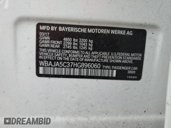 2017 BMW 5 Series 530i z VIN WBAJA5C37HG896060, wystawiony jako Copart lot #52409635 z przebiegiem 97 686 mil mil oraz Szkoda całkowita • Salvage title. Historia ofert i sprzedaży dostępna na DreamBid. Obrazek 12.