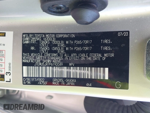 2023 Toyota 4Runner SR5 with VIN JTEMU5JR7P6192049, listed as a IAAI auction lot 42485032 with 20,549 mi miles and . Bid and sale history available at DreamBid. Image 9.