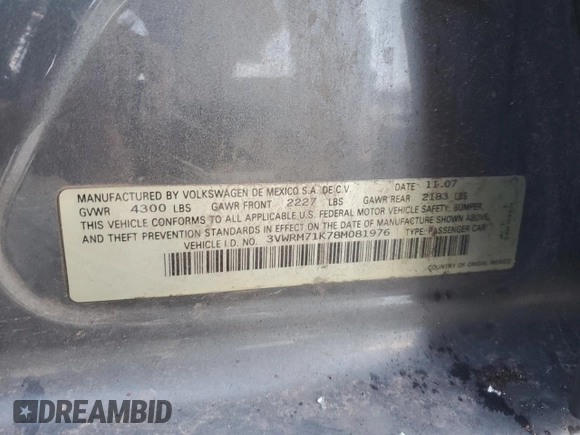 2008 Volkswagen Jetta Sedan SE with VIN 3VWRM71K78M081976, listed as a Copart auction lot 46273905 with 117,493 mi miles and Salvage Title. Bid and sale history available at carsss.com. Image 12.