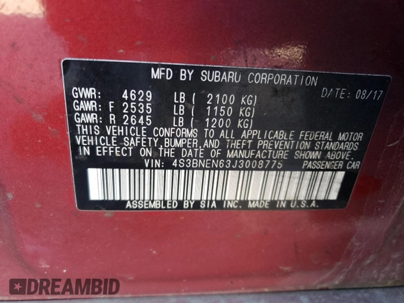 2018 Subaru Legacy Limited with VIN 4S3BNEN63J3008775, listed as a Copart auction lot 83498174 with 0 mi miles and Salvage Title. Bid and sale history available at carsss.com. Image 12.