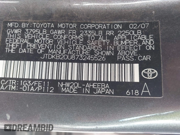 2007 Toyota Prius with VIN JTDKB20U873245526, listed as a IAAI auction lot 41785276 with 200,469 mi miles. Bid and sale history available at carsss.com. Image 9.