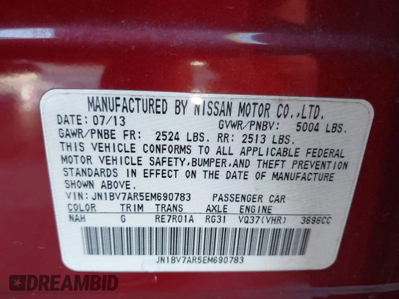 2014 Infiniti Q50 Sport with VIN JN1BV7AR5EM690783, listed as a IAAI auction lot 41024574 with 79,813 mi miles and . Bid and sale history available at DreamBid. Image 9.