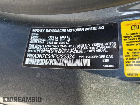 2015 BMW 4 Series 428i with VIN WBA3N7C54FK222324, listed as a Copart auction lot 57644345 with 114,696 mi miles and Salvage title. Bid and sale history available at DreamBid. Image 12.