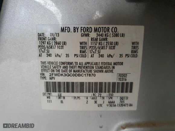 2013 Ford Edge SE with VIN 2FMDK3GC0DBC17870, listed as a Copart auction lot 46654225 with 131,572 mi miles and Salvage Title. Bid and sale history available at carsss.com. Image 13.