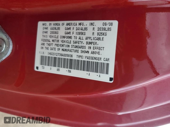 2009 Honda Accord EX z VIN 1HGCS12739A005936, wystawiony jako Copart lot #45157105 z przebiegiem 186 657 mil mil oraz Szkoda całkowita • Salvage title. Historia ofert i sprzedaży dostępna na DreamBid. Obrazek 13.