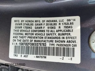 2014 Honda Civic Sedan LX with VIN 19XFB2F59EE079783, listed as a IAAI auction lot 42059609 with 179,922 mi miles. Bid and sale history available at carsss.com. Image 9.