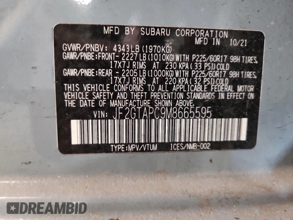 2021 Subaru Crosstrek Premium z VIN JF2GTAPC9M8665595, wystawiony jako Copart lot #60480065 z przebiegiem 35 083 mil mil oraz Szkoda całkowita • Salvage title. Historia ofert i sprzedaży dostępna na DreamBid. Obrazek 12.