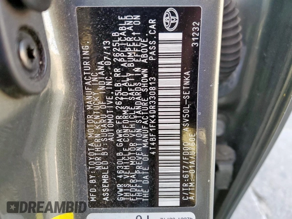 2013 Toyota Camry L with VIN 4T4BF1FK4DR330813, listed as a Copart auction lot 51903095 with 72,362 mi miles and Salvage Title. Bid and sale history available at DreamBid. Image 15.