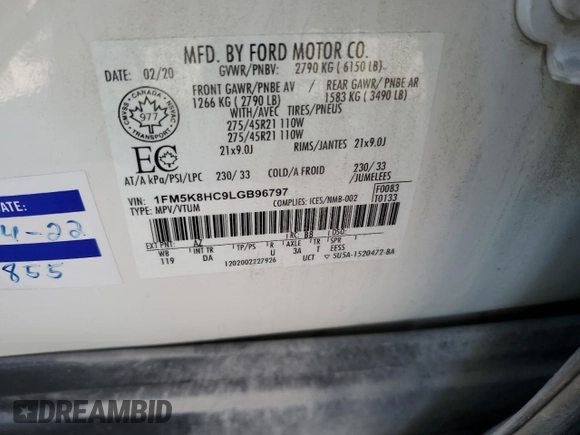 2020 Ford Explorer Platinum with VIN 1FM5K8HC9LGB96797, listed as a Copart auction lot 48329535 with 101,395 mi miles and Salvage Title. Bid and sale history available at carsss.com. Image 13.