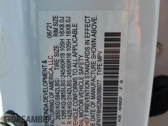 2021 Honda Pilot EX-L with VIN 5FNYF6H52MB096077, listed as a Copart auction lot 56970435 with 59,749 mi miles and Salvage title. Bid and sale history available at DreamBid. Image 14.