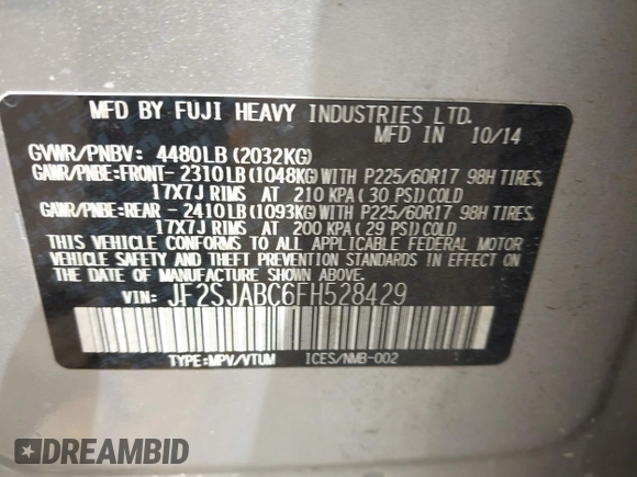 2015 Subaru Forester 2.5i с VIN JF2SJABC6FH528429, выставлен на аукционе IAAI как лот 42125722 с пробегом 205 468 миль миль и . История ставок и продаж доступна на DreamBid. Изображение 9.