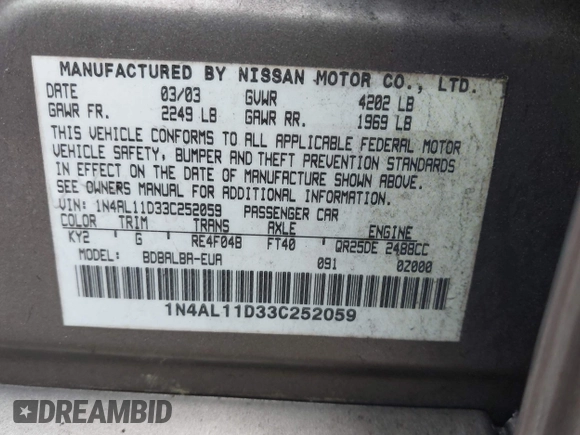 2003 Nissan Altima S with VIN 1N4AL11D33C252059, listed as a IAAI auction lot 42079201 with 152,510 mi miles. Bid and sale history available at carsss.com. Image 9.