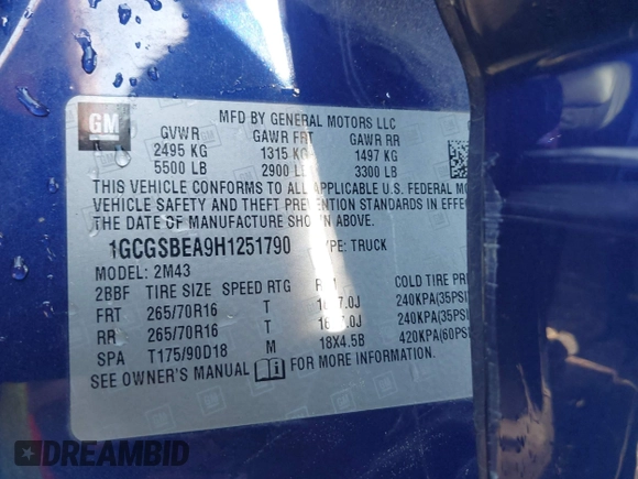 2017 Chevrolet Colorado 2WD WT z VIN 1GCGSBEA9H1251790, wystawiony jako IAAI lot #42006488 z przebiegiem 44 291 mil mil oraz . Historia ofert i sprzedaży dostępna na DreamBid. Obrazek 9.