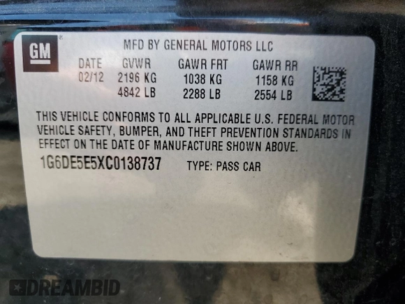 2012 Cadillac CTS Luxury with VIN 1G6DE5E5XC0138737, listed as a Copart auction lot 54662115 with Not provided miles and Salvage title. Bid and sale history available at DreamBid. Image 12.