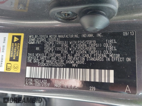 2013 Toyota Highlander Limited with VIN 5TDDK3EH7DS260071, listed as a IAAI auction lot 42526334 with 150,516 mi miles and . Bid and sale history available at DreamBid. Image 9.