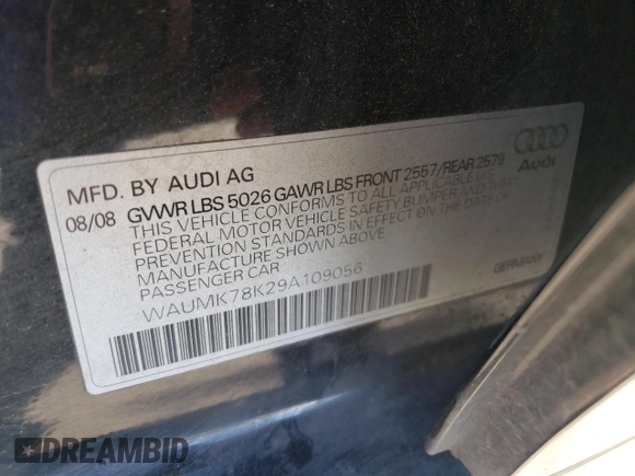 2009 Audi A4 Prestige with VIN WAUMK78K29A109056, listed as a Copart auction lot 60654924 with 131,001 mi miles and Salvage title. Bid and sale history available at DreamBid. Image 14.