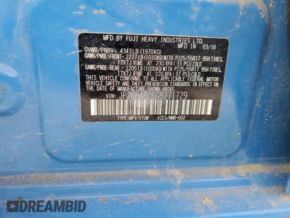 2016 Subaru Crosstrek Premium with VIN JF2GPABC6G8271729, listed as a Copart auction lot 57177745 with 112,726 mi miles and Non repairable. Bid and sale history available at DreamBid. Image 12.