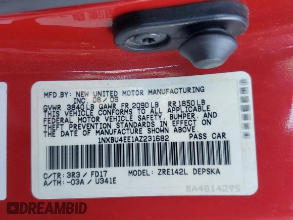 2010 Toyota Corolla with VIN 1NXBU4EE1AZ231682, listed as a Copart auction lot 84146264 with 194,949 mi miles and Salvage Title. Bid and sale history available at DreamBid. Image 14.