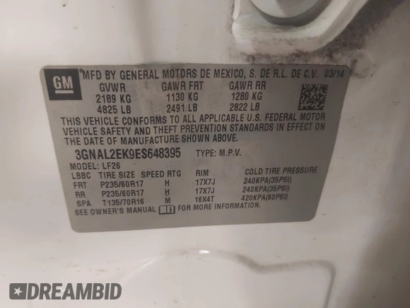 2014 Chevrolet Captiva Sport LS with VIN 3GNAL2EK9ES648395, listed as a IAAI auction lot 42261664 with 128,360 mi miles and . Bid and sale history available at DreamBid. Image 9.