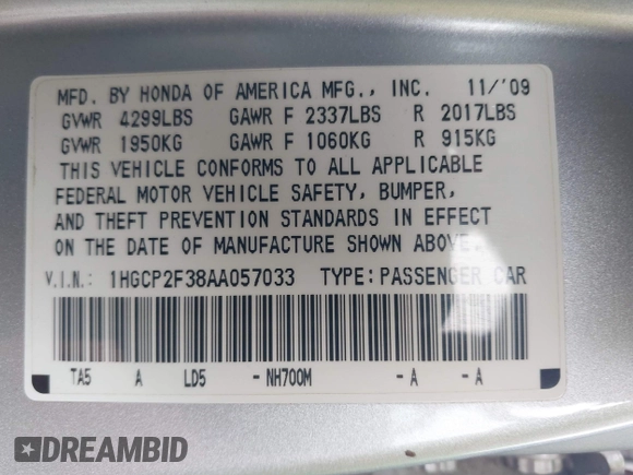 2010 Honda Accord LX with VIN 1HGCP2F38AA057033, listed as a IAAI auction lot 42679665 with 159,431 mi miles and . Bid and sale history available at DreamBid. Image 9.