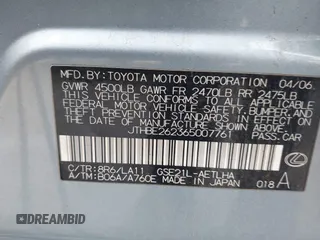 2006 Lexus IS 350 with VIN JTHBE262365007761, listed as a IAAI auction lot 42418824 with 114,088 mi miles and . Bid and sale history available at DreamBid. Image 9.