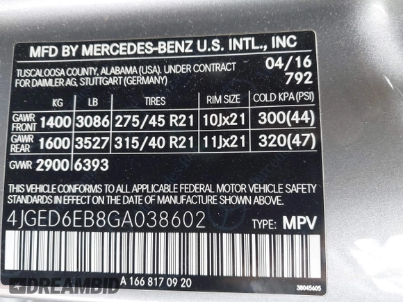 2016 Mercedes-Benz GLE 450 AMG with VIN 4JGED6EB8GA038602, listed as a IAAI auction lot 42166862 with 101,490 mi miles and . Bid and sale history available at DreamBid. Image 9.