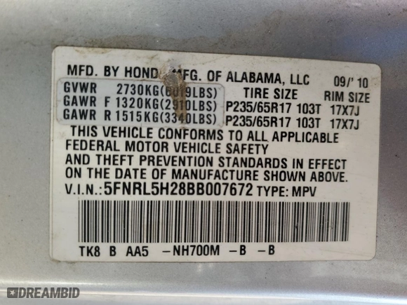 2011 Honda Odyssey LX with VIN 5FNRL5H28BB007672, listed as a Copart auction lot 50659545 with 178,707 mi miles and Salvage Title. Bid and sale history available at carsss.com. Image 15.