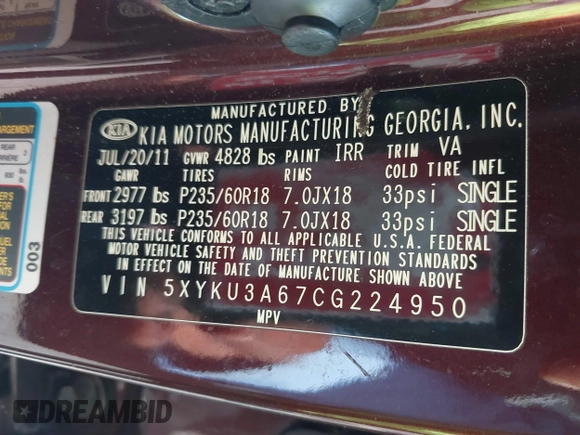 2012 Kia Sorento EX with VIN 5XYKU3A67CG224950, listed as a IAAI auction lot 41523784 with 113,930 mi miles. Bid and sale history available at carsss.com. Image 9.