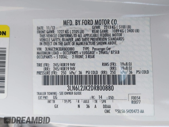 2013 Lincoln MKZ with VIN 3LN6L2JK2DR800880, listed as a IAAI auction lot 42407838 with 126,484 mi miles and . Bid and sale history available at DreamBid. Image 9.