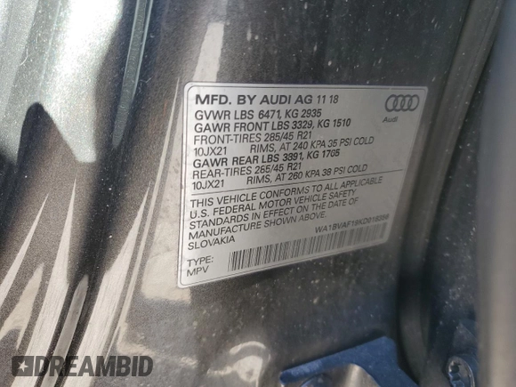 2019 Audi Q8 Premium Plus с VIN WA1BVAF19KD018356, выставлен на аукционе Copart как лот 53423485 с пробегом 120 055 миль миль и Чистый • Clean title. История ставок и продаж доступна на DreamBid. Изображение 13.