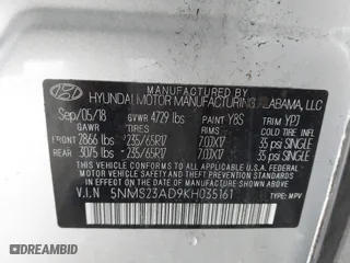 2019 Hyundai Santa Fe SE with VIN 5NMS23AD9KH035161, listed as a IAAI auction lot 41757044 with 124,835 mi miles. Bid and sale history available at carsss.com. Image 9.