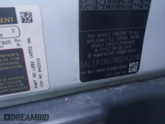 2021 Land Rover Defender SE with VIN SALEP7RU7M2042216, listed as a IAAI auction lot 41596950 with 80,456 mi miles and . Bid and sale history available at DreamBid. Image 9.